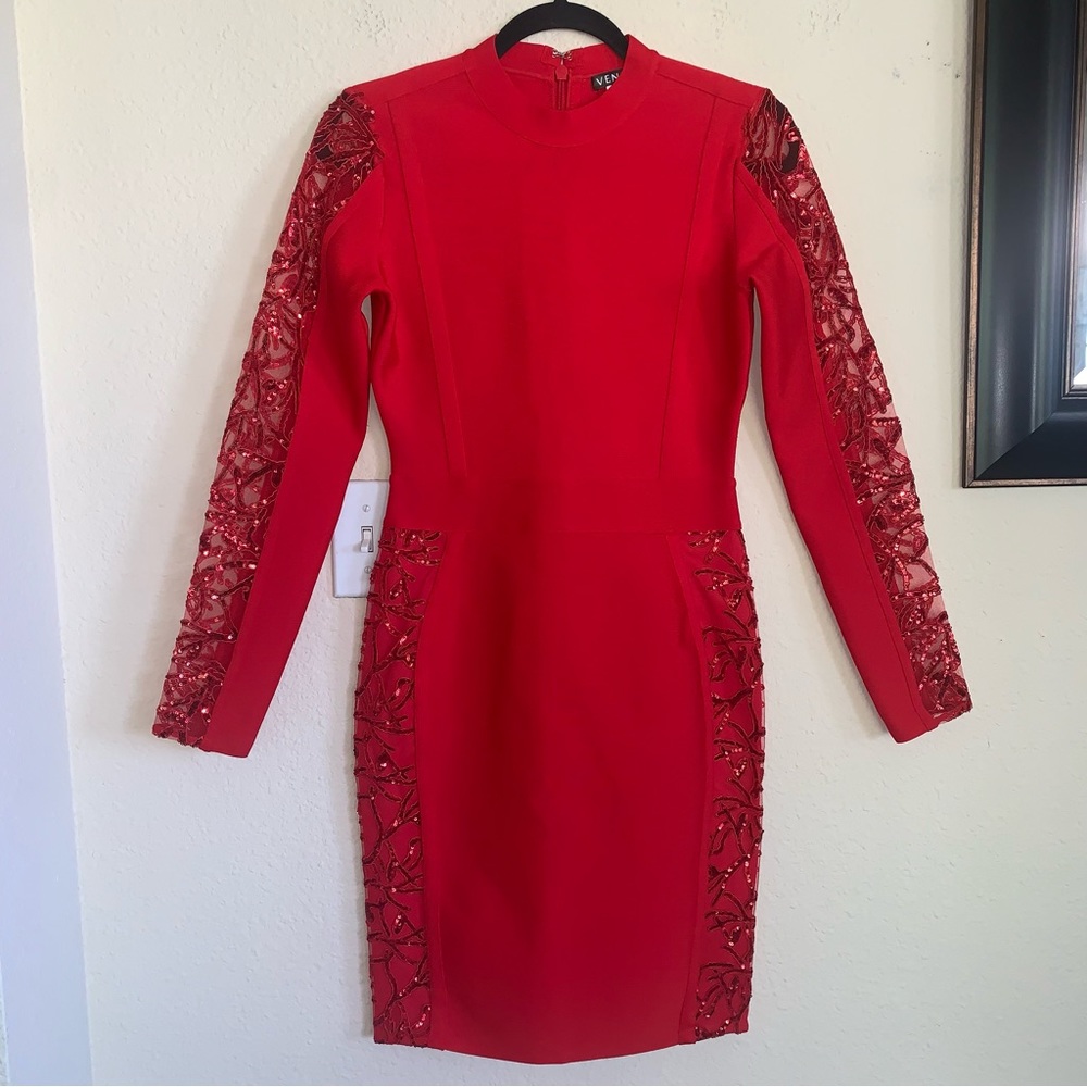 NWOT Venus Red Sequin Detail Holiday Dress